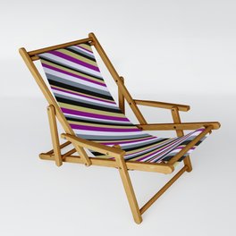 [ Thumbnail: Eye-catching Dark Khaki, Purple, Lavender, Slate Gray, and Black Colored Lined/Striped Pattern Sling Chair ]