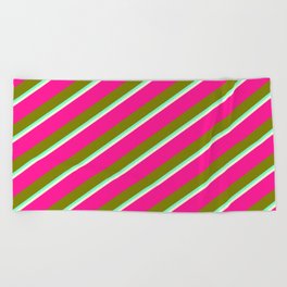 [ Thumbnail: Deep Pink, Green, Aquamarine, and Light Yellow Colored Lined/Striped Pattern Beach Towel ]