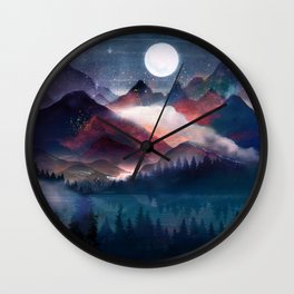 Mountain Lake Under the Stars Wall Clock | Lake, Night, Pine, Painting, Mountain, Art, Illustration, Curated, Adventure, Watercolor 