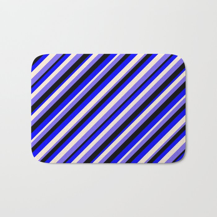 Blue, Beige, Medium Slate Blue & Black Colored Stripes Pattern Bath Mat