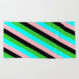 [ Thumbnail: Lime Green, Cyan, Light Pink & Black Colored Striped Pattern Beach Towel ]