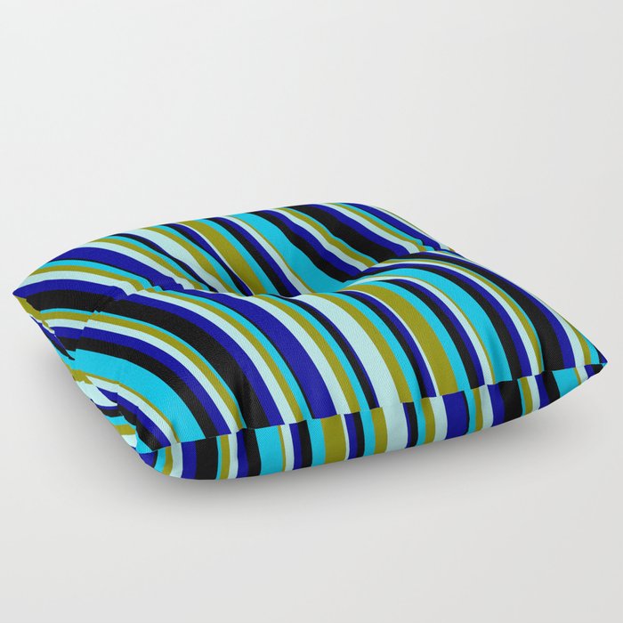 Eyecatching Deep Sky Blue, Green, Turquoise, Dark Blue, and Black Colored Pattern of Stripes Floor Pillow