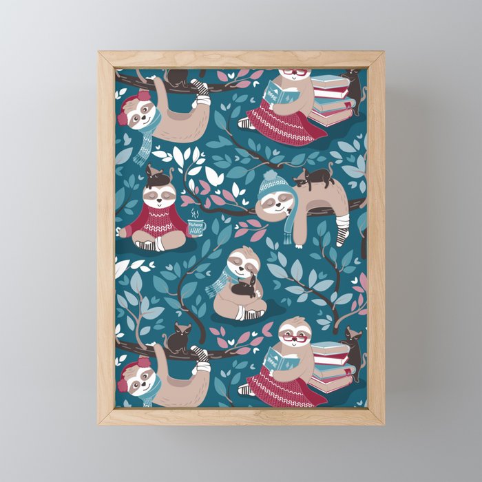 Hygge sloth // turquoise and red Framed Mini Art Print