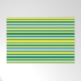 [ Thumbnail: Yellow, Teal, and Light Blue Colored Stripes Pattern Welcome Mat ]