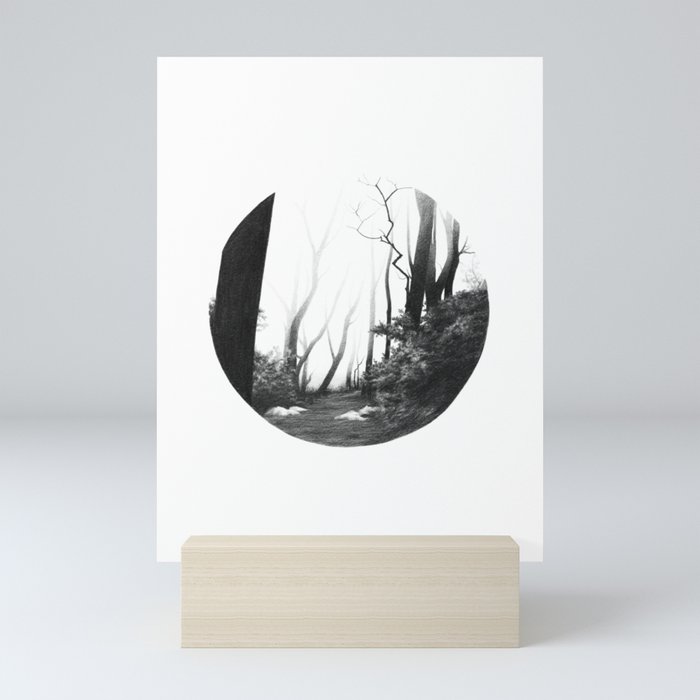 Graphite drawing landscape with fog, path and trees Mini Art Print