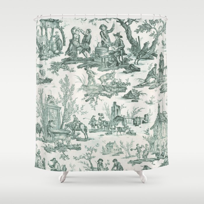 Vintage Green French Toile Landscape Shower Curtain