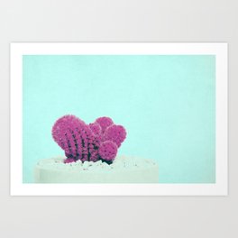 Vintage Pink Cactus on Blue Art Print