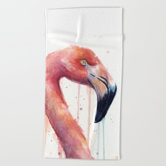 Watercolor Pink Flamingo Illustration | Facing Right Beach Towel