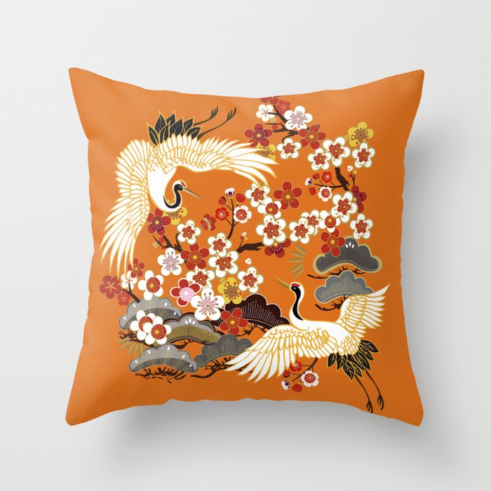CRANES AND COLOR SAKURA. Colorful floral seamless pattern with flowers, japanese bird. Vintage traditional folk fashion ornament on Orange background. Throw Pillow