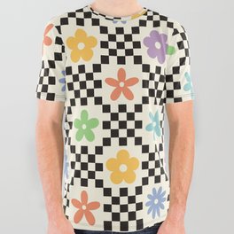 Retro Colorful Flower Double Checker All Over Graphic Tee | Floral, Check, Checkerboard, Pop Art, Blue, Graphicdesign, Pattern, Rainbow, School, White 