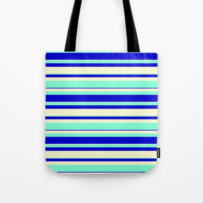 Light Yellow, Aquamarine, and Blue Colored Striped/Lined Pattern Tote Bag