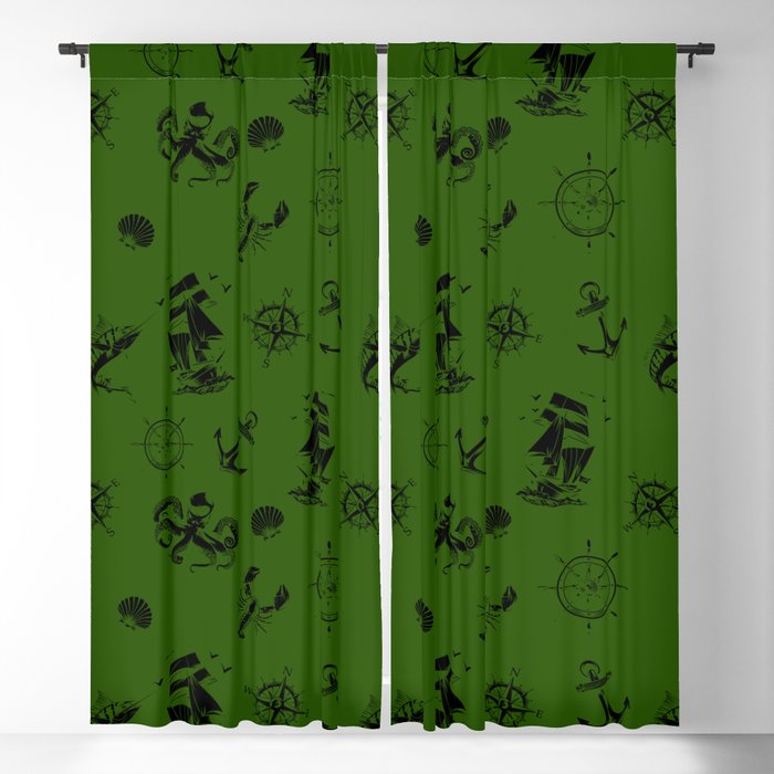 Green And Black Silhouettes Of Vintage Nautical Pattern Blackout Curtain