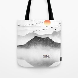 Japanese ink painting - Mountains By the Lake Tote Bag