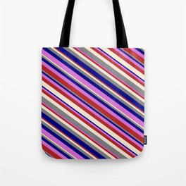 [ Thumbnail: Vibrant Orchid, Red, Beige, Grey, and Blue Colored Lines/Stripes Pattern Tote Bag ]