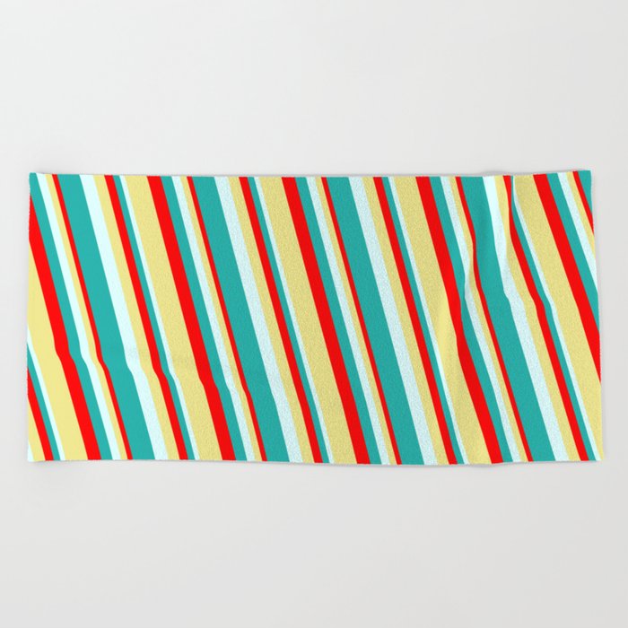 Red, Tan, Light Cyan, and Light Sea Green Colored Lined/Striped Pattern Beach Towel