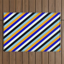 [ Thumbnail: Vibrant Sky Blue, Orange, Blue, Mint Cream & Black Colored Lined/Striped Pattern Outdoor Rug ]