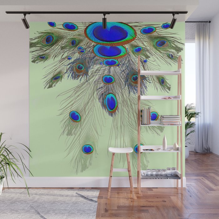 DECORATIVE BLUE GREEN PEACOCK FEATHER & JEWELS #3 PATTERN Wall Mural