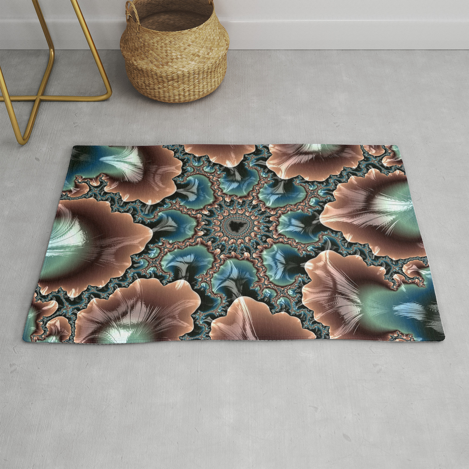 Elegant Scallops Feather Abstract, Cream Brown And Turquoise Rug