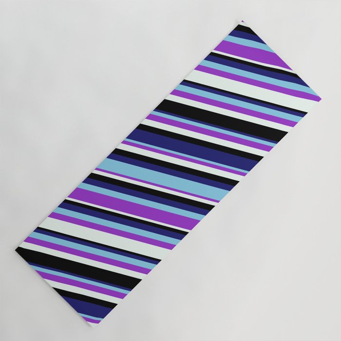 Vibrant Midnight Blue, Sky Blue, Dark Orchid, Mint Cream, and Black Colored Lined/Striped Pattern Yoga Mat
