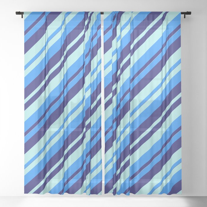 Blue, Midnight Blue, and Turquoise Colored Lined/Striped Pattern Sheer Curtain