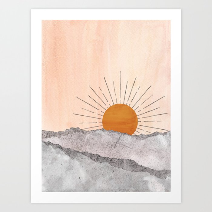Abstract sunset, grey and blush landscape Art Print by Whales Way