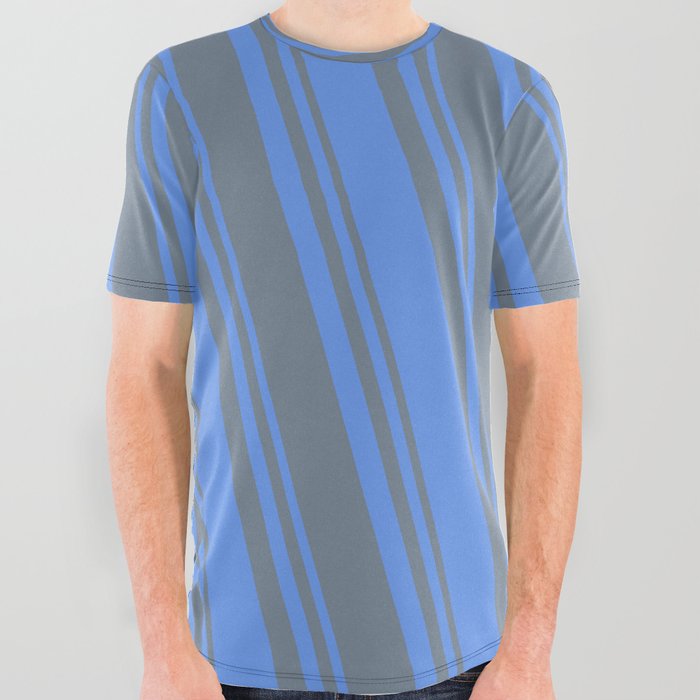Cornflower Blue and Slate Gray Colored Lines/Stripes Pattern All Over Graphic Tee