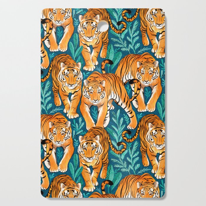 The Hunt - Stalking Tigers on Teal Blue and Green Cutting Board