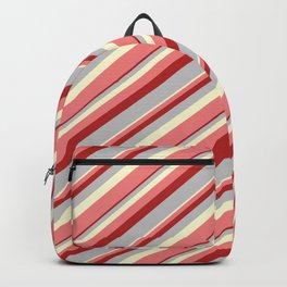 [ Thumbnail: Light Yellow, Light Coral, Red, and Grey Colored Lines/Stripes Pattern Backpack ]