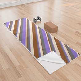[ Thumbnail: Beige, Purple, Dim Grey, and Brown Colored Striped/Lined Pattern Yoga Towel ]