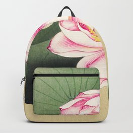Bird sitting on lotus flower  - Vintage Japanese Woodblock Print Art Backpack | Ukiyoe, Koson, Swamp, Asian, Painting, Ukiyo E, Lotus, Woodcut, Flowers, Japan 