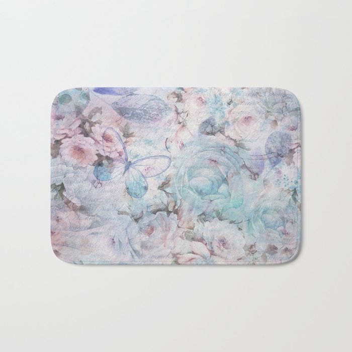 Shabby vintage pastel pink teal floral butterfly typography Bath Mat