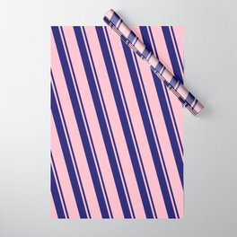 [ Thumbnail: Midnight Blue and Pink Colored Lined/Striped Pattern Wrapping Paper ]