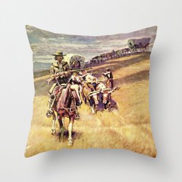 “When Wagon Trains Where Dim” by Charles M Russell Throw Pillow