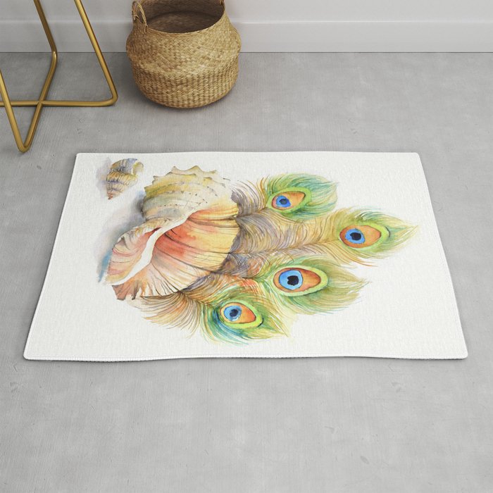 Peacock and Seashell Surreal Watercolor Artwork Shells Feathers Peacokck Feathers Rug