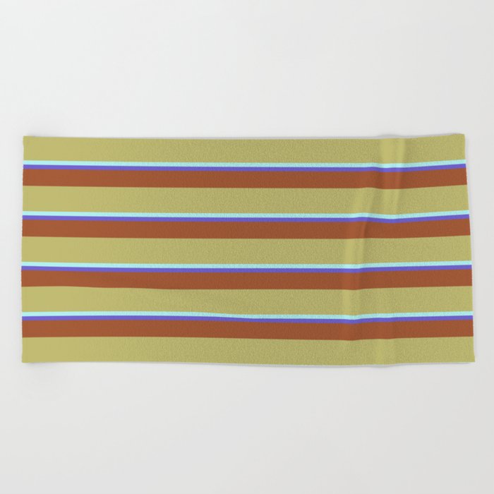 Slate Blue, Sienna, Dark Khaki & Turquoise Colored Stripes Pattern Beach Towel
