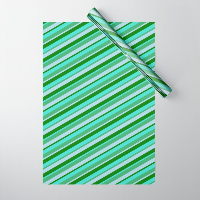Turquoise, Sea Green, Light Blue, and Green Colored Striped Pattern Wrapping Paper