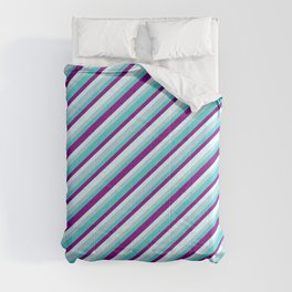 [ Thumbnail: Light Blue, Turquoise, Purple & Light Cyan Colored Stripes Pattern Comforter ]