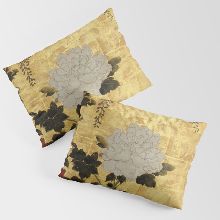 Vintage Japanese Floral Gold Leaf Screen With Wisteria and Peonies Pillow Sham