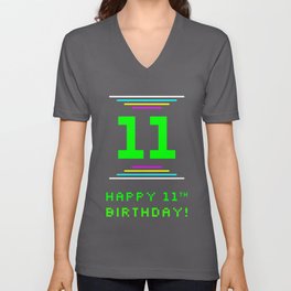 [ Thumbnail: 11th Birthday - Nerdy Geeky Pixelated 8-Bit Computing Graphics Inspired Look V Neck T Shirt V-Neck T-Shirt ]