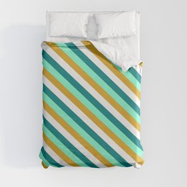 [ Thumbnail: Aquamarine, Goldenrod, White & Teal Colored Pattern of Stripes Duvet Cover ]