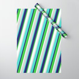 [ Thumbnail: Vibrant Light Gray, Turquoise, Midnight Blue, Lime Green, and Mint Cream Colored Pattern of Stripes Wrapping Paper ]