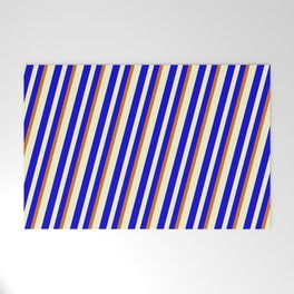 [ Thumbnail: Light Yellow, Blue & Chocolate Colored Lined/Striped Pattern Welcome Mat ]