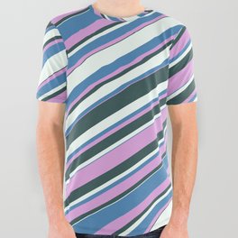 [ Thumbnail: Blue, Plum, Dark Slate Gray, and Mint Cream Colored Lined/Striped Pattern All Over Graphic Tee ]