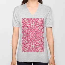 Hot Pink & Soft Cream Folk Art Pattern V Neck T Shirt