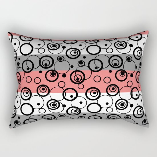 Circles and rings on striped background . Salmon , black , white , grey Rectangular Pillow