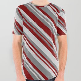 [ Thumbnail: Grey, Maroon, and Light Gray Colored Stripes Pattern All Over Graphic Tee ]
