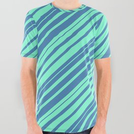 [ Thumbnail: Blue & Aquamarine Colored Striped/Lined Pattern All Over Graphic Tee ]