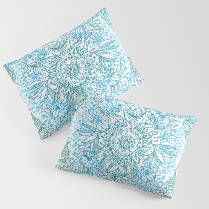 Turquoise Blue, Teal & White Protea Doodle Pattern Pillow Sham