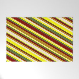 [ Thumbnail: Eyecatching Maroon, Dark Goldenrod, Beige, Yellow & Dark Olive Green Colored Striped Pattern Welcome Mat ]