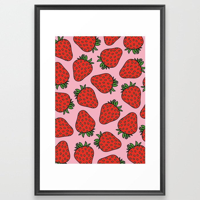 Pink and Red Cottage Core Strawberries Framed Art Print